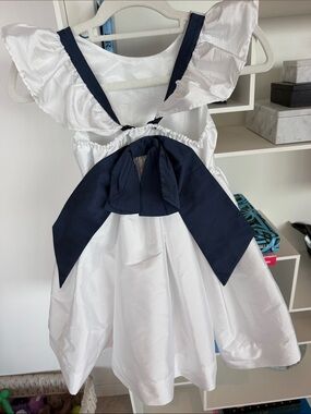 bella bliss White Dress with Navy Bow Accent